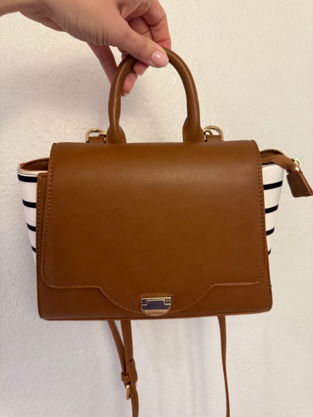 Women's Tan Leather-Style Top Handle Bag with Black & White Stripe Sides